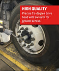 Mechanic using Extendable Three Quarter Inch Drive Ratchet With Locking Telescoping Shaft on truck wheel, close-up view.