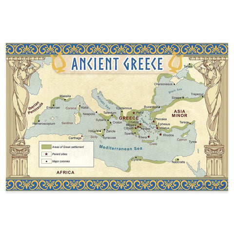 Map of Ancient Greece from Six Poster Set Of Ancient Civilizations For Social Studies Classrooms, 12 by 18 inch, made in USA.