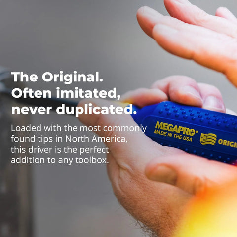 15-In-1 NAS Driver Kit With Patented Pullout Bit Cartridges, Blue and Yellow, ergonomic grip shown in use.