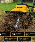 12 Inch Corded Tiller Cultivator With 8.5 Amp Power, 360 RPM Rototiller in action, digs 8 inches into soil, LT201D model
