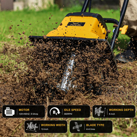 12 Inch Corded Tiller Cultivator With 8.5 Amp Power, 360 RPM Rototiller in action, digs 8 inches into soil, LT201D model