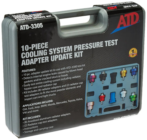 3305 10 Piece Radiator Pressure Tester Update Kit For 3300 Series packaging, includes 8 adapters, 2 cap tests, in a carry case
