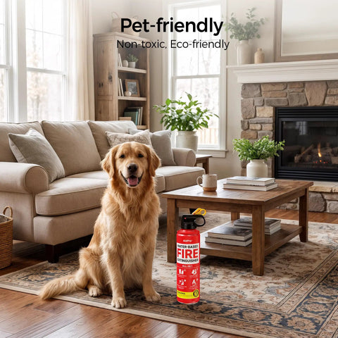 Badass Home And Car Fire Extinguisher Six Pack Certified For Kitchen And Garage A B C K Rated next to a golden retriever in a cozy living room.