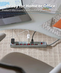 7 Outlet Surge Protector Power Strip With 6 Individually Controlled Switches, 6 Foot Cord, Lifetime Limited Warranty And $25,000 Insurance, Keep Your Gear Safe For PC, Laptop, Printer, Router, TV And Other Home Office Gear on office desk
