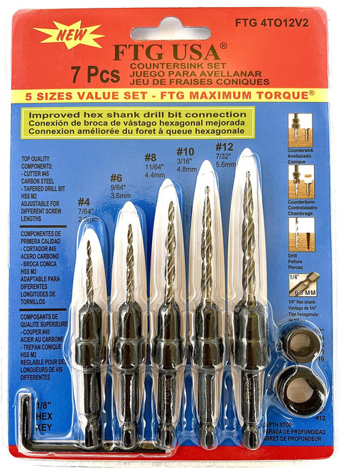 Heavy Duty 5 Piece Countersink Drill Bit Set With Hex Shank Tapered Bits For Wood Projects That Drill And Counterbore In One Straight Shot No Bull Shortcuts Real Grit For Rough Jobs Built To Thrash Everyday, 7 piece set with hex shank bits.