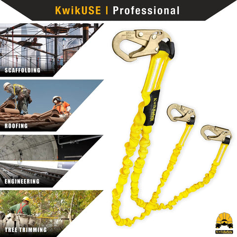 Double Leg Rattler Y-Leg Safety Lanyard With Internal Shock Absorber, 6 Foot, shown with usage in construction, roofing, and tree trimming.