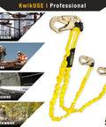 Double Leg Rattler Safety Lanyard 6 Ft Tubular Y-Leg with Internal Shock Absorber, 2 Pack displayed with usage scenarios in construction.