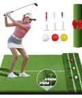 Female golfer using Dual Turf Golf Mat 5x4ft for backyard indoor practice with 21mm-45mm hitting surface and alignment aid.