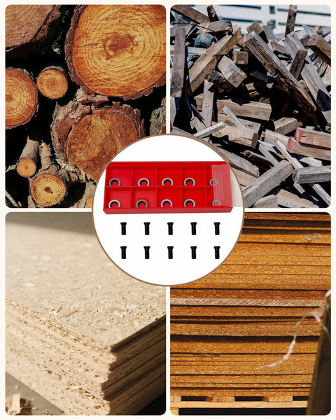 Heavy Duty 10 Pack 8.9 Mm Round Carbide Cutting Inserts For Indexable Lathe Tools featuring wood, a red storage rack, and screws.