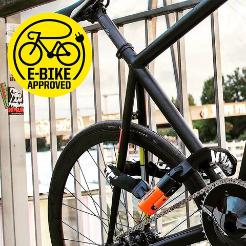 Heavy Duty 10mm 3 Foot Bike Chain Lock With Keys Sold Secure Gold Rating Pinless Link Design securing a bike to a railing.
