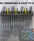 Vise Grip Holder Wall Mount Rack organizing 11 pliers on a concrete wall, showing heavy duty tool organizer in use.