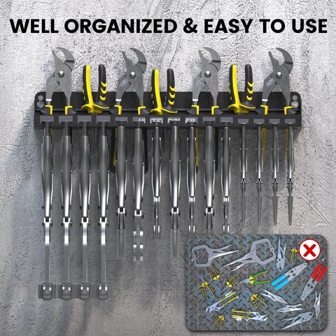 Vise Grip Holder Wall Mount Rack organizing 11 pliers on a concrete wall, showing heavy duty tool organizer in use.