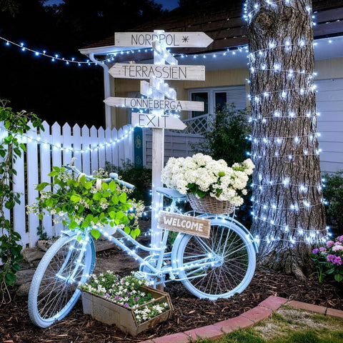 Ultra Long 168Ft 600 LED Cool White String Lights With Remote Plug In Twinkle Outdoor Indoor decorating tree and bicycle