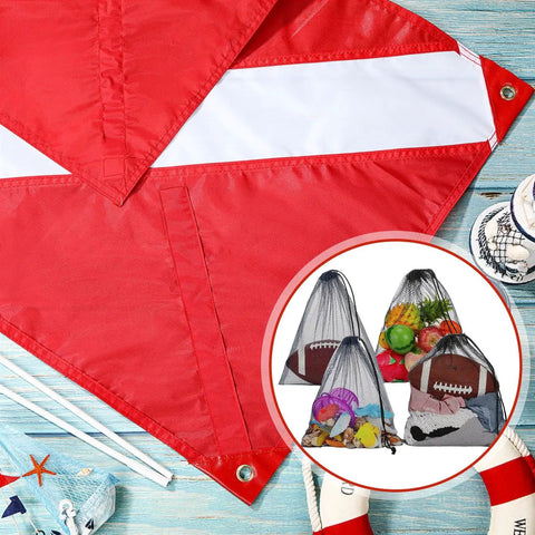 Six Pack Mesh Snorkel Gear Bags With Diver Down Flag For Scuba And Spearfishing 14x16 Inch Scallop Bags And 20x24 Inch Nylon Flag