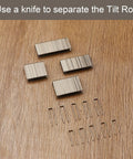 Forty Pieces Zinc Plated Louver Staples For Plantation Shutters Tilt Rods Precision Fit Rust Proof Replacement Hardware Quick Swap No Sweat Weekend Project Top Shelf Quality Built To Last on wooden surface with tilt rod clips and pins.