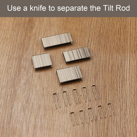 Forty Pieces Zinc Plated Louver Staples For Plantation Shutters Tilt Rods Precision Fit Rust Proof Replacement Hardware Quick Swap No Sweat Weekend Project Top Shelf Quality Built To Last on wooden surface with tilt rod clips and pins.