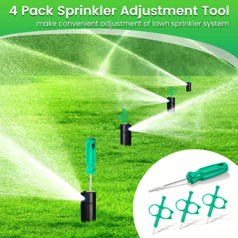 Four Pack Sprinkler Adjustment Tools for Rain Bird 5000 and Hunter PGP Heads set with rotor tools and wrenches on lawn
