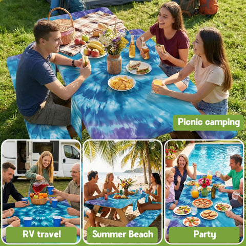 Group enjoying picnic on Waterproof Fitted Picnic Table Cover With Two Bench Covers And Elastic Edges Vinyl Rectangle Tablecloth