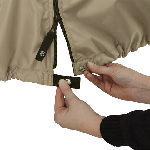 Hands fastening a strap on Fairway Long Roof Four Person Golf Cart Quick Fit Cover For Yamaha Club Car EZ Go Weatherproof Shield