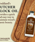Keep Your Wooden Cutting Boards And Kitchen Gear Looking Slick As A Whistle With This Odorless Food Grade Butcher Block Oil For Deep Conditioning And Crack Prevention, displayed on a wooden cutting board.