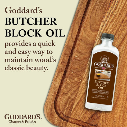 Keep Your Wooden Cutting Boards And Kitchen Gear Looking Slick As A Whistle With This Odorless Food Grade Butcher Block Oil For Deep Conditioning And Crack Prevention, displayed on a wooden cutting board.