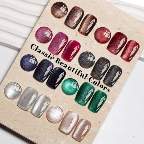 Cat Eye Gel Nail Polish Set With Magnetic 3D Glitter Effect, 8 Color UV Varnish Kit, HEMA Free swatches on display