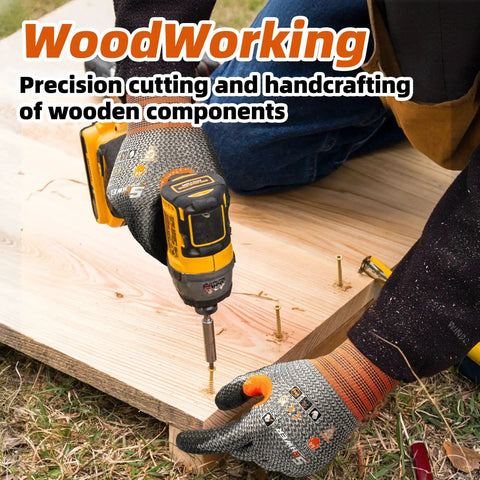 Person using drill while wearing 12 Pairs Cut Resistant Work Gloves With PU Coating For ANSI A4 Level Protection, Touchscreen Compatible