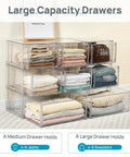 Real Slick Clear Stackable Closet Storage Drawers 4 Pack Medium Capacity 15 Quart Plastic Organizer Bins Featuring Smooth Glide Mechanism for folded clothing.
