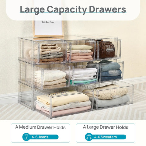 Real Slick Clear Stackable Closet Storage Drawers 4 Pack Medium Capacity 15 Quart Plastic Organizer Bins Featuring Smooth Glide Mechanism for folded clothing.