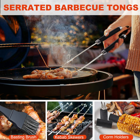 Serrated tongs grilling chicken with skewers, basting brush, corn holders from 22 Piece Stainless Steel BBQ Tools Set With Aluminum Case