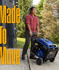 Person transporting a 10000 Peak Watt Portable Gas Generator With Remote Electric Start And Transfer Switch Ready Build For No Sweat Camping And Reliable Home Emergency Backup Power Featuring 12 Hour Run Time.