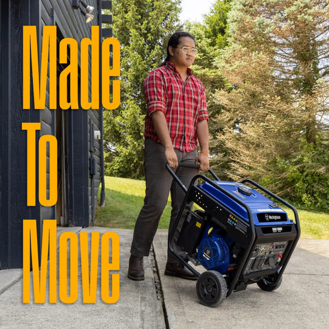 Person transporting a 10000 Peak Watt Portable Gas Generator With Remote Electric Start And Transfer Switch Ready Build For No Sweat Camping And Reliable Home Emergency Backup Power Featuring 12 Hour Run Time.