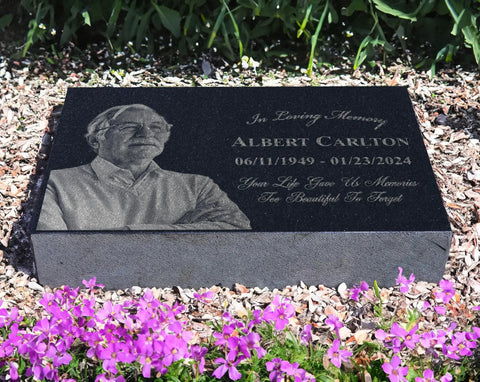 Personalized Memorial Stone Keepsake For Loved One Grave Marker Garden Plaque featuring engraved portrait and text on granite
