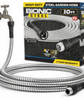 BIONIC STEEL 10 ft stainless steel garden hose extension with 5/8 in fittings; front view with packaging