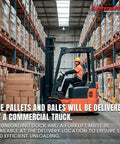 Warehouse forklift operator moving pallets of boxes along high shelves, showcasing logistics and storage operations.