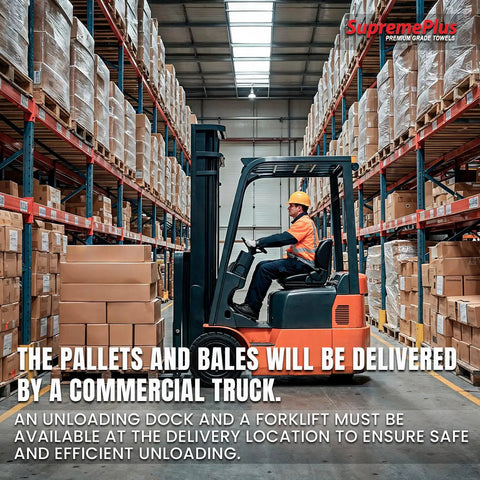 Forklift in warehouse with large stacked boxes for Heavy Duty Colorful Cotton Terry Cloth Rags Bulk Pack Pro Grade Ultra Absorbent Shop And Garage Cleaning Rags Multi Purpose Household And Industrial Use 100 Percent Cotton Towel Rags For Quick Cleanups Large Bulk Pallet delivery.