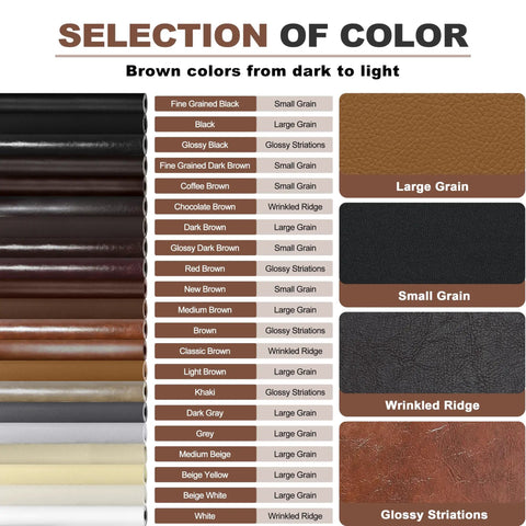 Selection of color chart for Self Adhesive Leather Repair Tape 4x63 Inches, showing brown shades from dark to light with textures.