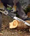 Top Tier 18 Inch Chainsaw Guide Bar And Replacement Chain Featuring 72 Drive Links With 0.325 Low Profile Pitch And 0.058 Gauge Zero Sweat Setup cutting through a log.