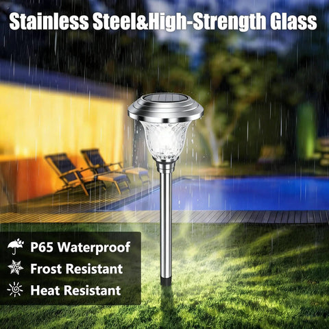 8 Pack Solar Pathway Lights Outdoor Waterproof With Diamond Glass Lampshades Cool White 6000K LED Lighting Stainless Steel Garden Landscape Lighting For Yard Walkway Driveway And Lawn