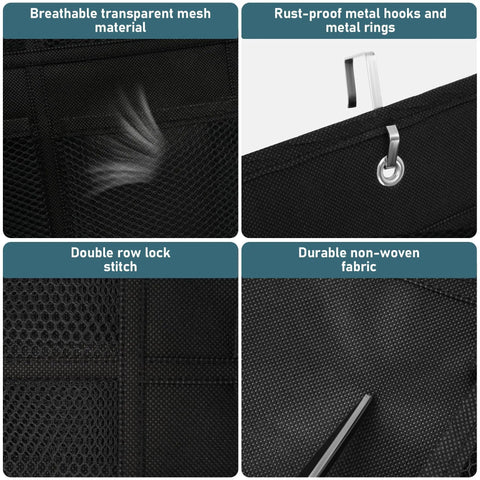 Close-up of Heavy Duty Over The Door Shoe Organizer With 24 Spacious Pockets showing breathable mesh, rust-proof hooks, and durable fabric.