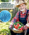 Gardener holding vegetables in a field with inset showing 100 Pack 6 Inch Garden Stakes Galvanized Landscape Staples For Weed Barrier Fabric