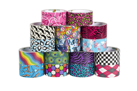 Assorted patterned duct tapes including Printed Duct Tape Checker Pattern 1.88 Inch Wide 10 Yard Roll Go-To Heavy Duty DIY Friendly Tape.