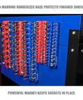 Six Pack Magnetic Socket Organizer Set For 1/4, 3/8, And 1/2 Inch Drive Sockets, SAE And Metric Compatible, mounted on a blue toolbox