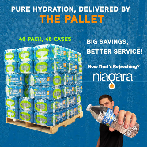 Purified Drinking Water Bulk Pallet Pack 1920 Bottles Of 16.9 Ounce Each In 48 Cases with person holding a bottle