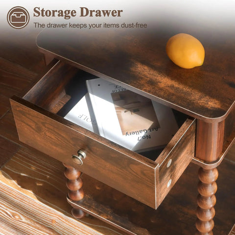 Mid Century Modern Nightstand With Drawer Rustic Walnut Finish And Spindle Wood Legs open drawer with items inside