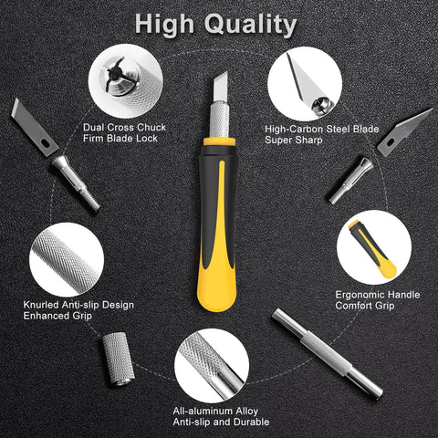 Pro Grade 16 Piece Hobby Knife Set With Interchangeable Blades showing anti-slip handle and high carbon steel blades