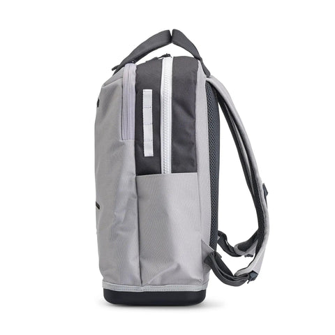 Side view of Weekend Warrior Tackle Backpack 3700 Series for fishing, showing straps, side pocket, and waterproof base.