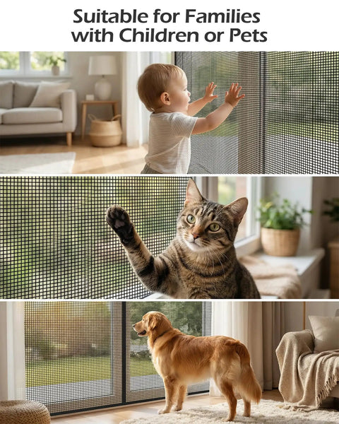Six Piece Window And Door Screen Replacement Repair Kit With Charcoal Fiberglass Mesh Vinyl Spline Tools For Busted Screen Holes with children and pets.