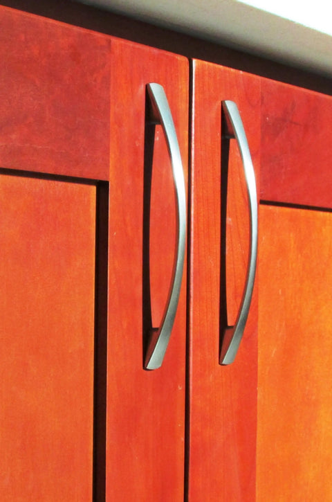 6.5 Inch Satin Nickel Cabinet Pulls Kit on wooden doors, Zinc Alloy Body Dresser Drawer Handles, 128mm Center To Center