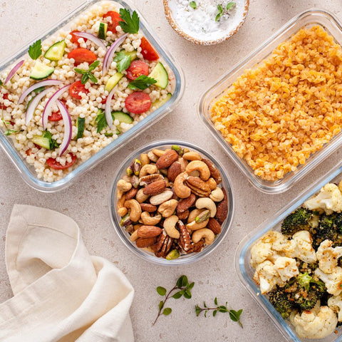 Glass Storage Containers With Lids Set For Meal Prep, 24 Piece Borosilicate Glass Food Storage, Leak Proof And Freezer Safe, 12 Containers And 12 Lids, Durable Clear Lunch Pack filled with assorted foods